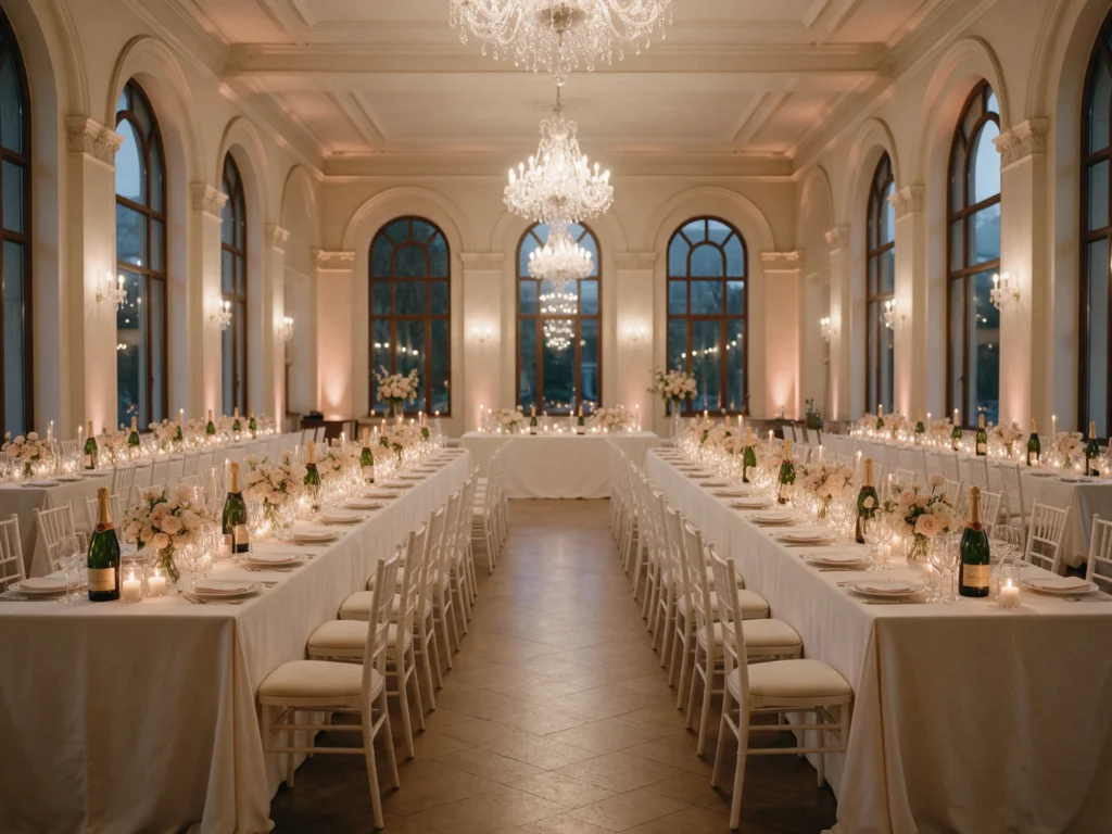 Wedding banquet hall in Yerevan with chandeliers and floral centerpieces