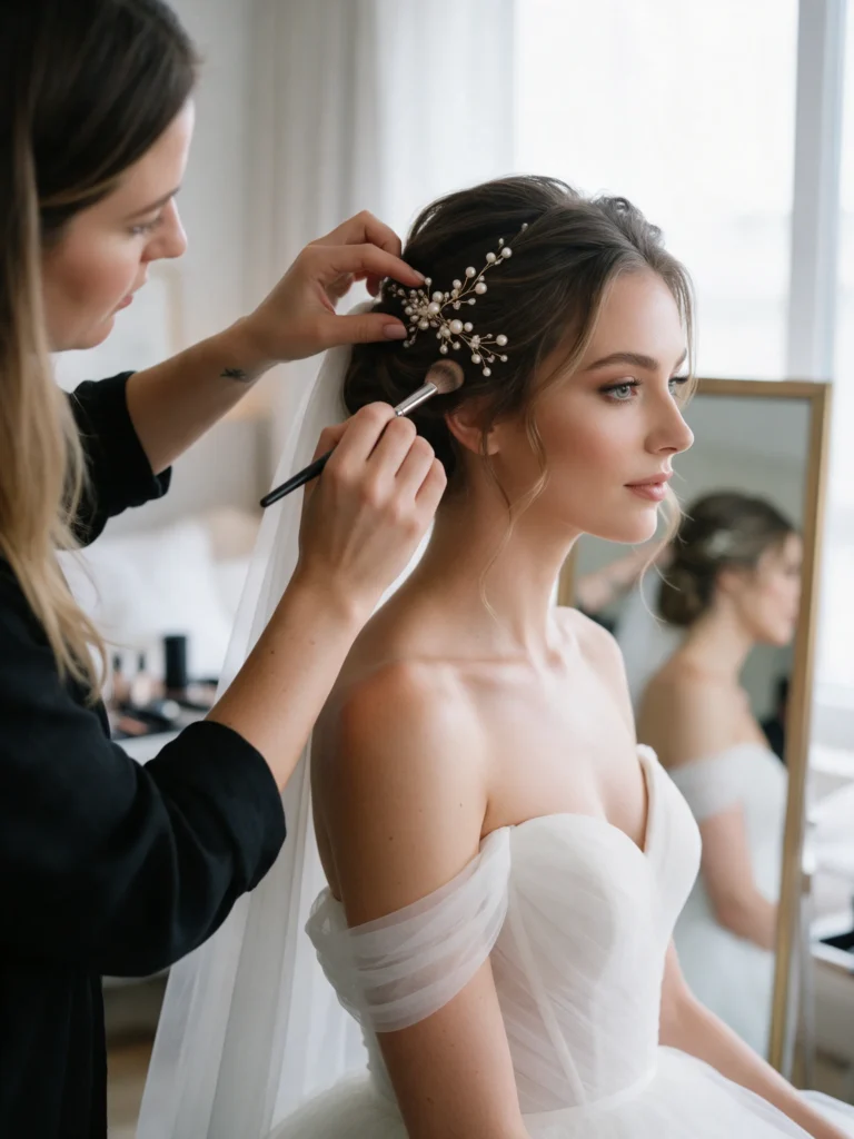 Bridal hair and makeup in a bright bridal suite