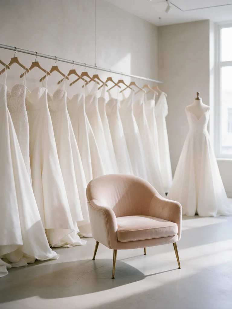 Luxury bridal salon with ivory wedding dresses