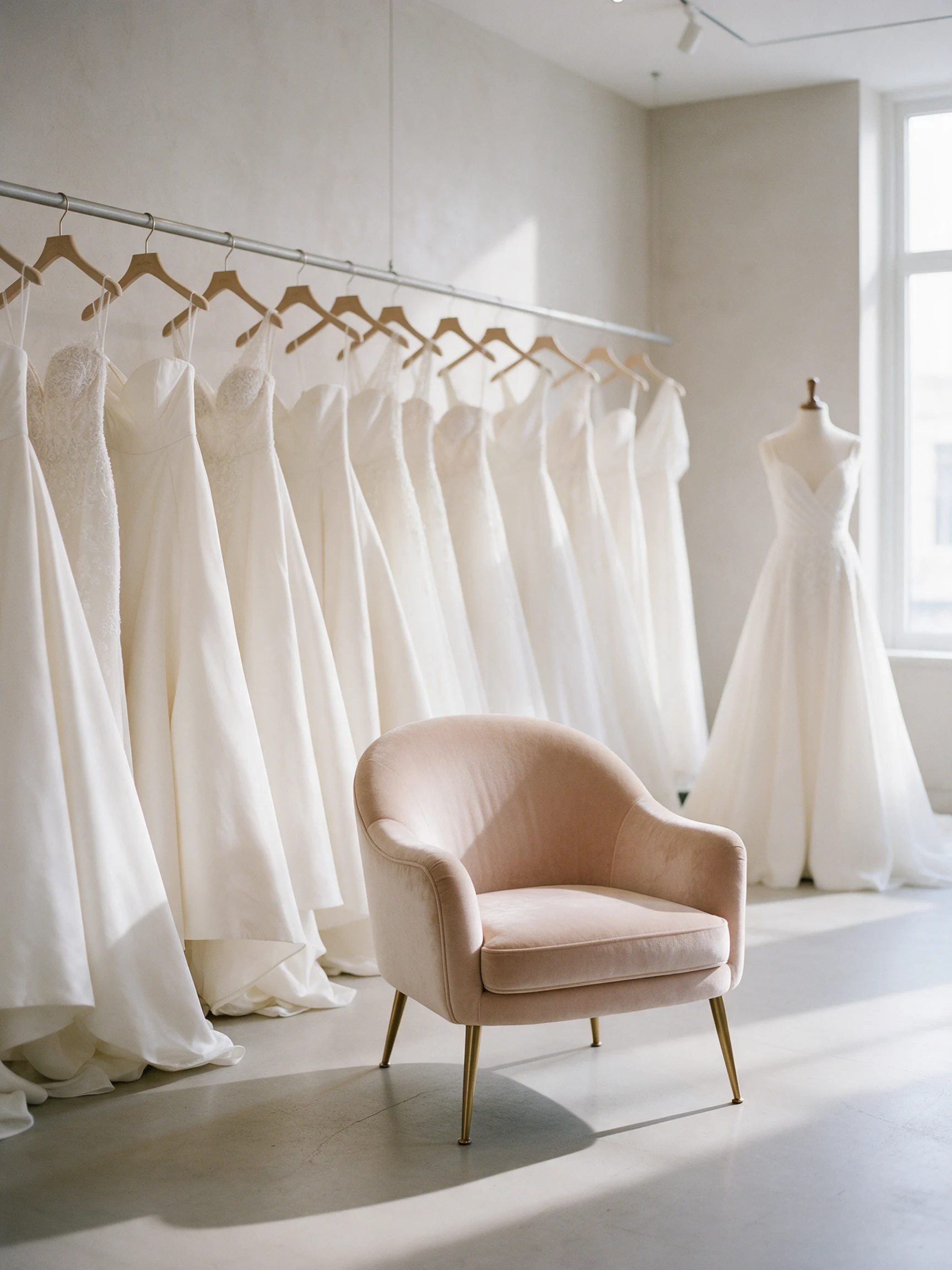 Luxury bridal salon with ivory wedding dresses