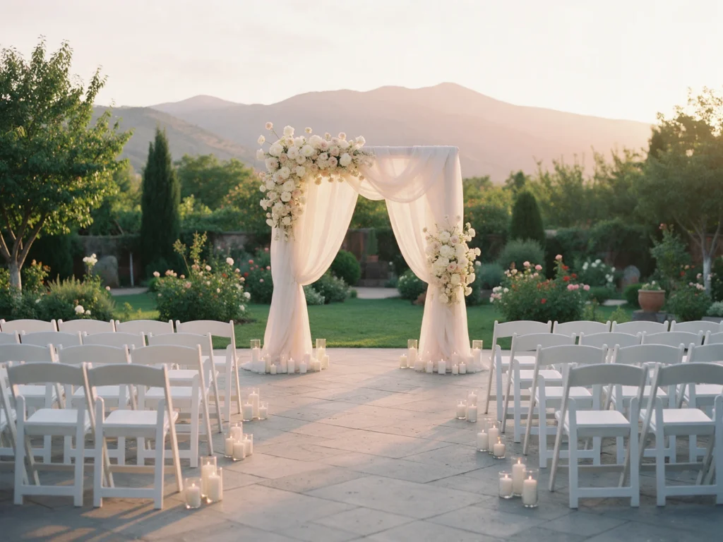Outdoor wedding ceremony arch and decor in an Armenian garden