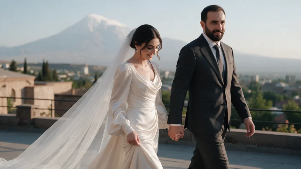 Armenian bride and groom at golden hour with Mount Ararat view