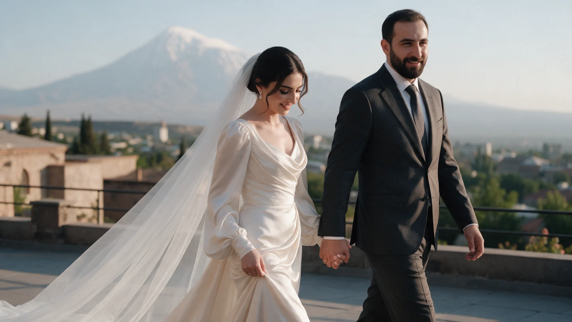 Armenian bride and groom at golden hour with Mount Ararat view